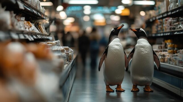 This playful image captures two cheerful penguins in a supermarket aisle, bringing a whimsical feel to the mundane setting of grocery shopping.
