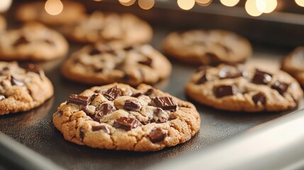 A tray of freshly baked chocolate chip cookies, warm and gooey, evokes nostalgic memories and a sweet allure that captures the essence of homemade treats.