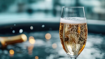 A beautifully crafted glass of sparkling champagne, brimming with bubbles, captures the essence of celebration and elegance, inviting viewers into a moment of luxury.