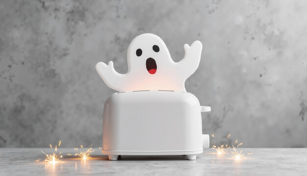 Ghost-shaped toaster with surprised expression on grey background  
