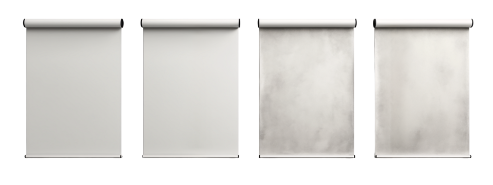 A set of four white roller blinds