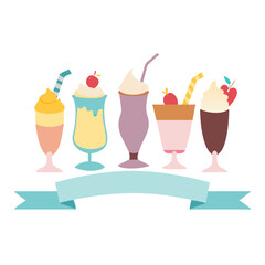 group of cut out illustrations assorted milkshakes with soft serve ice cream and garnish, banner with collection of 6 milky cocktails in outline tall glasses on white background