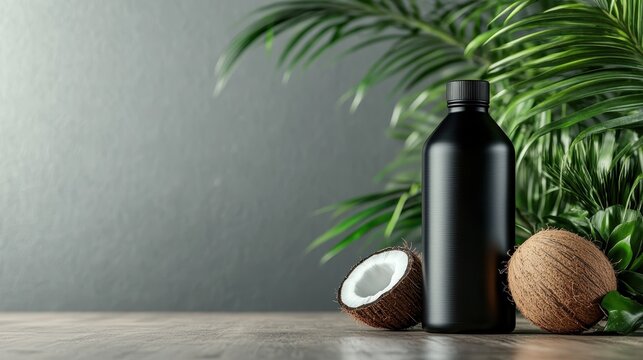 A sleek black bottle stands beside fresh coconuts, evoking a sense of freshness and tropical indulgence, perfect for health-conscious beverage lovers.