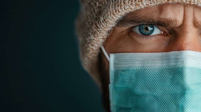 This close-up captures a man wearing a beanie and mask, emphasizing a moment of seriousness and reflection amidst contemporary health challenges.
