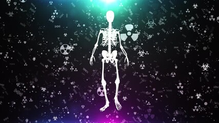 Human Skeleton Amidst DNA Strands and Biohazard Symbols in a Dark, Glowing Space - Powered by Adobe