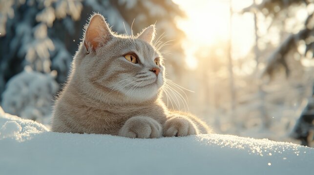 A serene cat gazes thoughtfully in a beautiful snowy landscape, embodying tranquility and the quiet beauty of nature during winter's magical moments. - Powered by Adobe