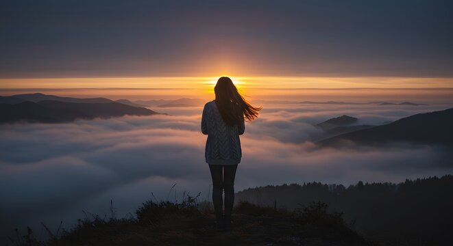 Woman Silhouetted at Sunset Over Misty Mountains - Powered by Adobe