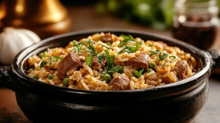 A beautifully arranged dish of rice with meat and herbs in a traditional pot, showcasing a rich culinary experience that delights the senses and promotes the joy of sharing meals.