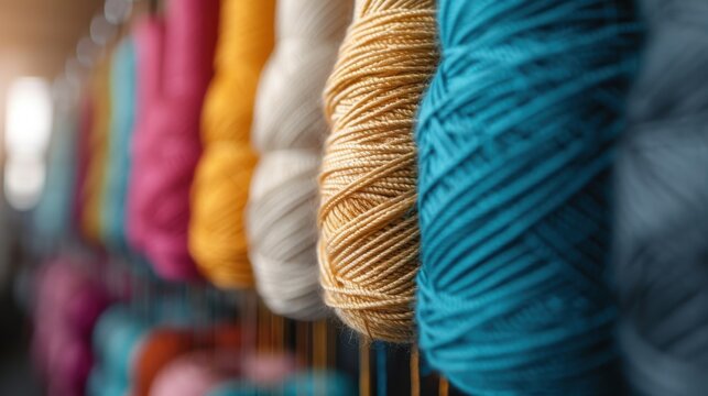 A vibrant display of yarn spools in various colors showcases creativity and inspiration, inviting viewers to engage in artistic pursuits and craft-based activities.