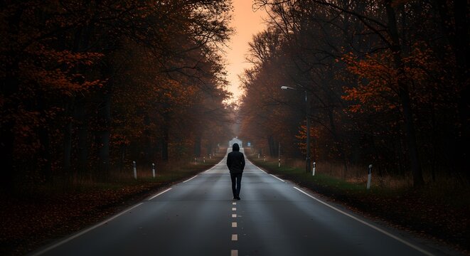 Solitary Walk on Autumn Road at Sunset