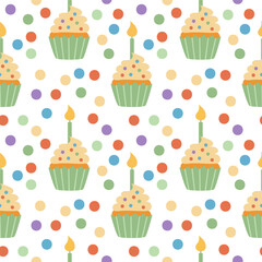 Cute colorful party birthday cupcake pattern. Green on white background. Hand-drawn vector illustration in flat style.
