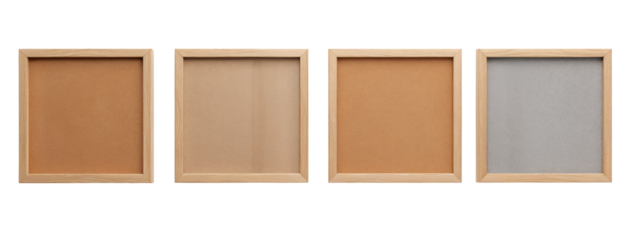 A set of three wooden frames with a cork board in the middle.