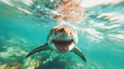A powerful image of a great white shark swimming gracefully underwater, capturing the raw beauty and ferocity of one of the ocean's most formidable predators.