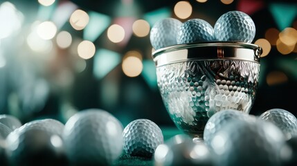 A collection of golf balls in a decorative bucket surrounded by vibrant bokeh, representing leisure, sport, and celebration in a festive environment.