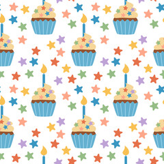 Cute colorful party birthday cupcake pattern. White background. Hand-drawn vector illustration in flat style.