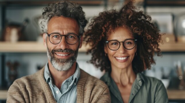 A warm and inviting portrait of a happy couple in a cozy home setting, showcasing their joy together and the comfort of companionship in an intimate space.