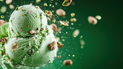 A tempting scoop of mint green ice cream topped with crunchy pistachios, set against a vibrant green backdrop, making it a delightful culinary treat and visual feast.