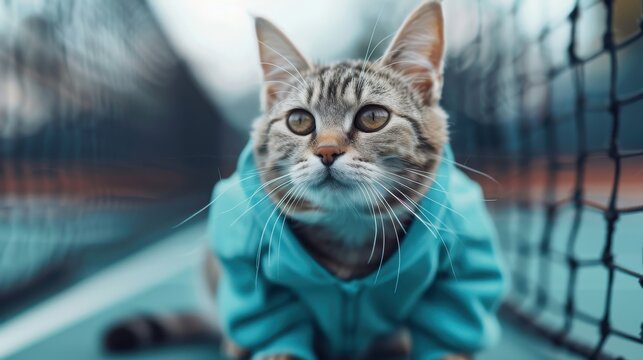 A charming tabby cat dons a soft hooded outfit, sitting adorably on a tennis court, capturing a playful and whimsical moment that brings joy and warmth to the viewer.