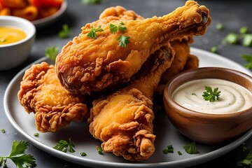 Golden crispy fried chicken with dipping sauce