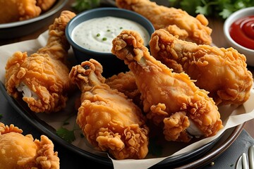 Golden crispy fried chicken with dipping sauce