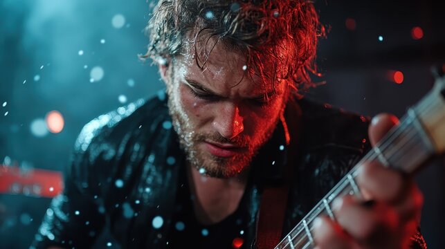 A dynamic capture of a passionate musician performing, drenched in sweat and illuminated by vibrant stage lights, symbolizing creativity and raw artistic emotion.