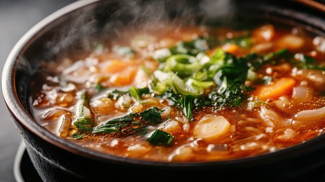 A steaming bowl of vibrant vegetable soup topped with fresh herbs, inviting warm comfort and delicious flavors that enhance the joy of a home-cooked meal.