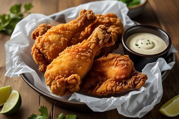 Golden crispy fried chicken with dipping sauce