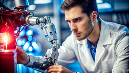 Male engineer working on robotic arm machinery in modern technology lab