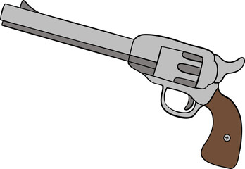 Silver revolver with brown handle and long barrel, classic western style firearm illustration