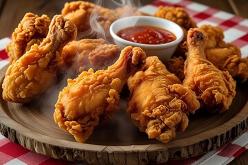 Golden crispy fried chicken with dipping sauce