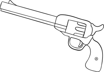 Revolver gun outline drawing with cowboy equipment style, simple black line art design, western weapon concept illustration