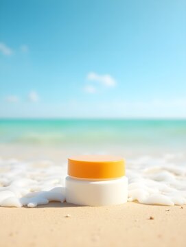 Sunscreen cream jar on sandy beach with ocean waves and blue sky backdrop