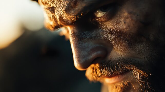 A rugged man stares intensely with dirt on his face, symbolizing resilience and survival in harsh conditions, embodying the struggle and determination of humanity.