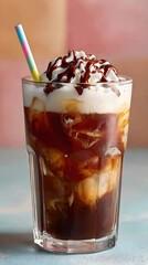 Iced coffee beverage topped with whipped cream and chocolate drizzle, served in a clear glass with colorful straw, showcasing a refreshing summer drink experience, vertical
