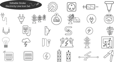 Electricity and Energy Line Icons Set – Editable Stroke Power Symbols Collection Including Plug, Socket, Pylon, Battery, Switch, Circuit, Light Bulb, Meter