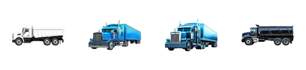 Transporting goods trucking operations warehousing urban setting. Isolated png set