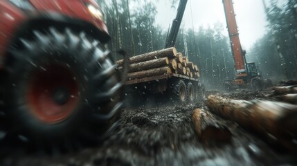 A powerful scene depicting heavy machinery loading logs in a forested area, highlighting the intersection of industry with nature and the ongoing dynamic of resource management.