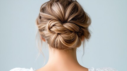 An elegant hairstyle featuring a beautifully crafted bun, showcasing the sophistication and artistry of hair design in a minimalist and timeless setting.