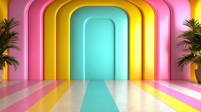 A bright and cheerful indoor space featuring colorful walls and plants, creating a lively atmosphere perfect for creativity, relaxation, or social gatherings with modern flair.