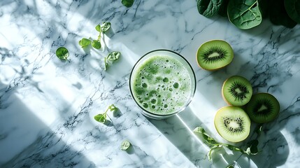 Healthy green juice next to kiwi slices and other green leaves on a marble surface.