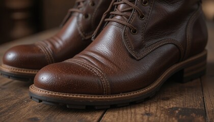 Closeup of brown leather boots on wooden surface