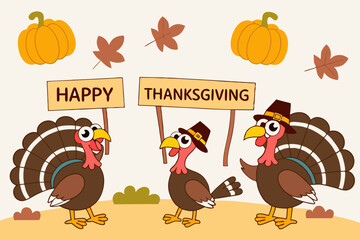 Happy thanksgiving turkeys with pumpkins and leaves