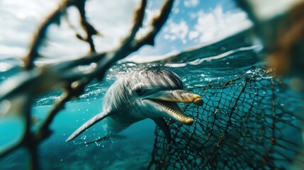 A dolphin swims gracefully while encountering a fishing net underwater. The scene raises awareness about marine life challenges, showcasing the need for ocean conservation and protection.
