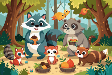 Adorable forest animals gathering nuts and berries