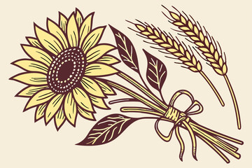 Sunflower and wheat bouquet illustration