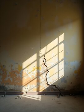 Sunlight Casting Shadows on a Weathered Wall with Peeling Paint and Cracked Plaster in an Abandoned Room