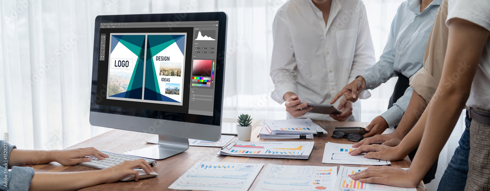 Fototapete Graphic designer software for modern design of web page and commercial brisk ads showing on the computer screen