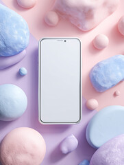 A pastel-themed smartphone mockup, blending tech with soft colors and organic shapes.