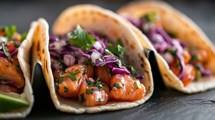 A mouthwatering trio of salmon tacos garnished with fresh herbs and vibrant vegetables, showcasing the culinary art and flavors that delight food lovers and chefs alike.