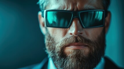 A striking close-up portrait of a serious man wearing sunglasses, exuding confidence and intensity against a blurred background, suggesting mystery and sophistication.
